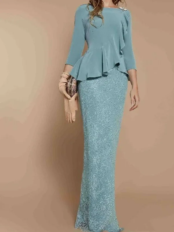 Sheath / Column Mother of the Bride Dress Elegant Jewel Neck Floor Length Lace Stretch Satin Long Sleeve with Ruffles Sheath / Column Mother of the Bride Dress Elegant Jewel Neck Floor Length Lace Stretch Satin Long Sleeve with Ruffles