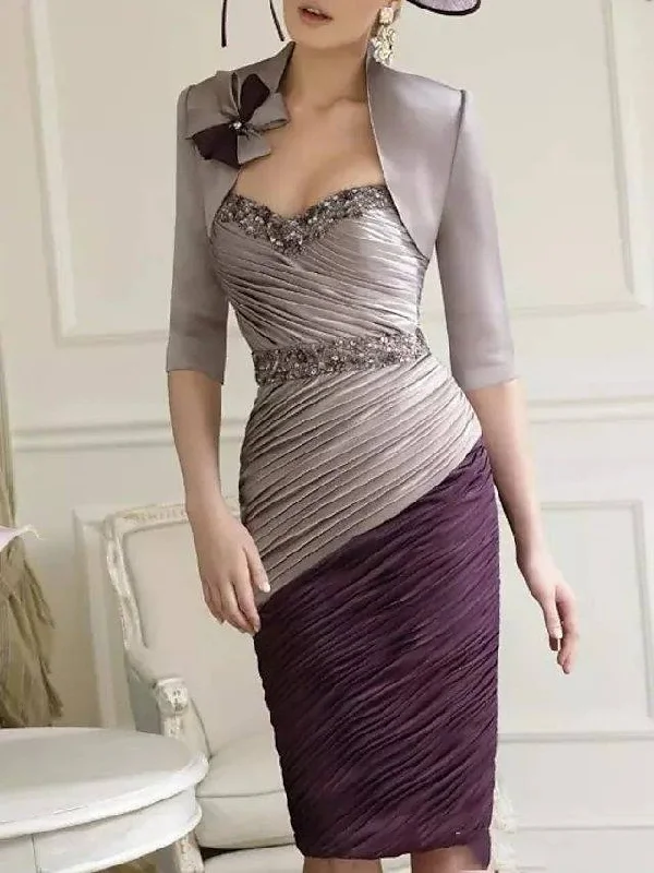 Sheath / Column Mother of the Bride Dress Sexy Sweetheart Neckline Knee Length Polyester Half Sleeve with Bow(s) Sequin Ruching Sheath / Column Mother of the Bride Dress Sexy Sweetheart Neckline Knee Length Polyester Half Sleeve with Bow(s) Sequin Ruching