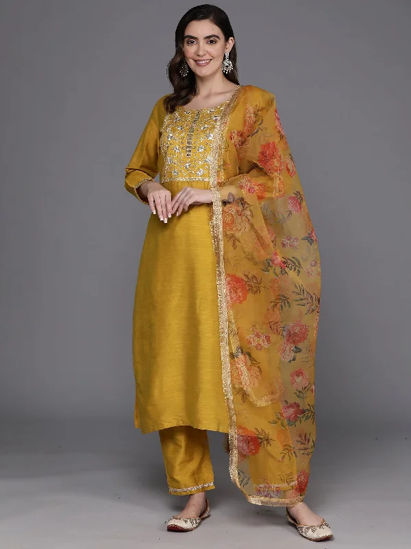 Women's Yellow Embroidered Straight Kurta Trousers With Dupatta Set - Indo Era Trousers stylish modern