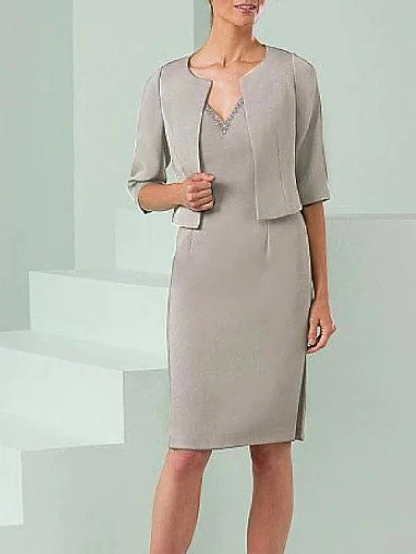 Two Piece Sheath / Column Mother of the Bride Dress Elegant V Neck Knee Length Stretch Satin 3/4 Length Sleeve with Color Block Two Piece Sheath / Column Mother of the Bride Dress Elegant V Neck Knee Length Stretch Satin 3/4 Length Sleeve with Color Block