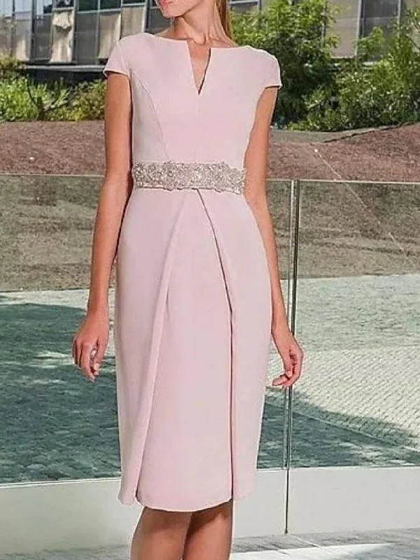 Sheath / Column Mother of the Bride Dress Elegant Jewel Neck Knee Length Satin Short Sleeve with Sash / Ribbon Beading Sheath / Column Mother of the Bride Dress Elegant Jewel Neck Knee Length Satin Short Sleeve with Sash / Ribbon Beading