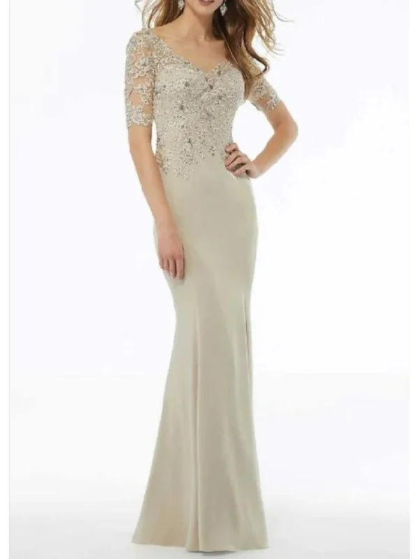 Mermaid / Trumpet Mother of the Bride Dress Elegant V Neck Sweep / Brush Train Lace Charmeuse Short Sleeve with Lace Beading Appliques Mermaid / Trumpet Mother of the Bride Dress Elegant V Neck Sweep / Brush Train Lace Charmeuse Short Sleeve with Lace Beading Appliques