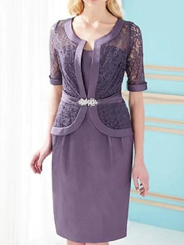 Two Piece Sheath / Column Mother of the Bride Dress Elegant Sweetheart Neckline Knee Length Lace Satin Half Sleeve with Sash / Ribbon