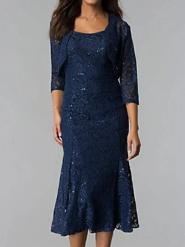 Mermaid / Trumpet Mother of the Bride Dress Plus Size Sexy Square Neck Tea Length Lace 3/4 Length Sleeve with Crystals Mermaid / Trumpet Mother of the Bride Dress Plus Size Sexy Square Neck Tea Length Lace 3/4 Length Sleeve with Crystals