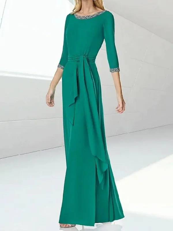 Sheath / Column Mother of the Bride Dress Elegant Jewel Neck Floor Length Chiffon 3/4 Length Sleeve with Sash / Ribbon Sheath / Column Mother of the Bride Dress Elegant Jewel Neck Floor Length Chiffon 3/4 Length Sleeve with Sash / Ribbon