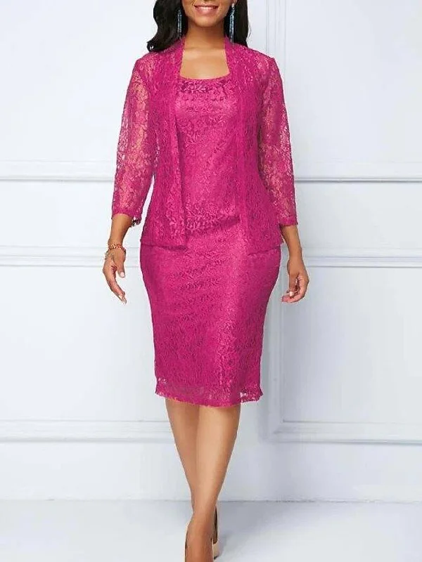Two Piece Sheath / Column Mother of the Bride Dress Wrap Included Scoop Neck Knee Length Lace Satin 3/4 Length Sleeve with Split Front Two Piece Sheath / Column Mother of the Bride Dress Wrap Included Scoop Neck Knee Length Lace Satin 3/4 Length Sleeve with Split Front