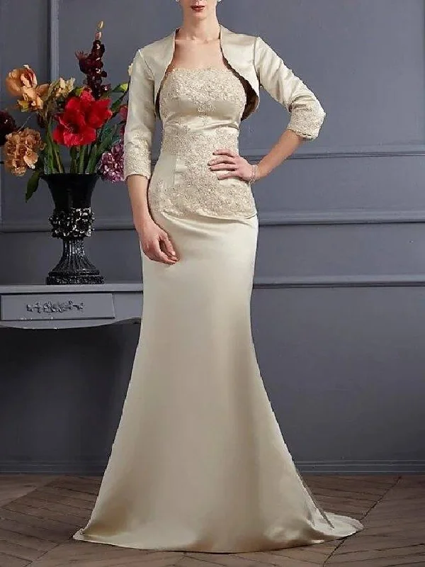 Two Piece Mermaid / Trumpet Mother of the Bride Dress Wrap Included Strapless Sweep / Brush Train Satin 3/4 Length Sleeve with Lace Two Piece Mermaid / Trumpet Mother of the Bride Dress Wrap Included Strapless Sweep / Brush Train Satin 3/4 Length Sleeve with Lace
