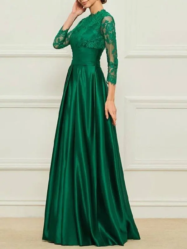 Sheath / Column Mother of the Bride Dress Elegant High Neck Floor Length Lace Satin 3/4 Length Sleeve with Sash / Ribbon Appliques Sheath / Column Mother of the Bride Dress Elegant High Neck Floor Length Lace Satin 3/4 Length Sleeve with Sash / Ribbon Appliques