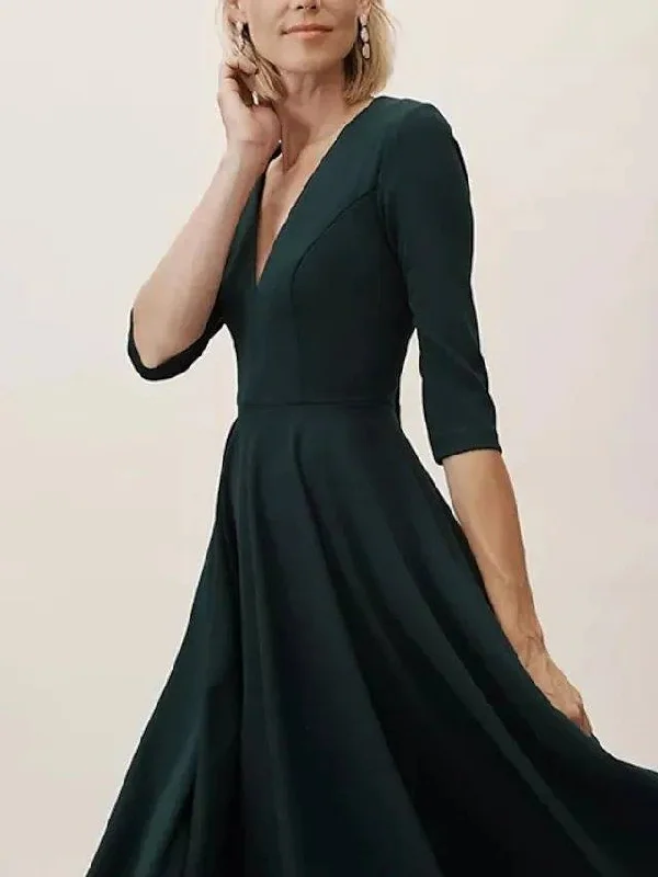 A-Line Mother of the Bride Dress Elegant Plunging Neck Floor Length Polyester Half Sleeve with Ruching A-Line Mother of the Bride Dress Elegant Plunging Neck Floor Length Polyester Half Sleeve with Ruching