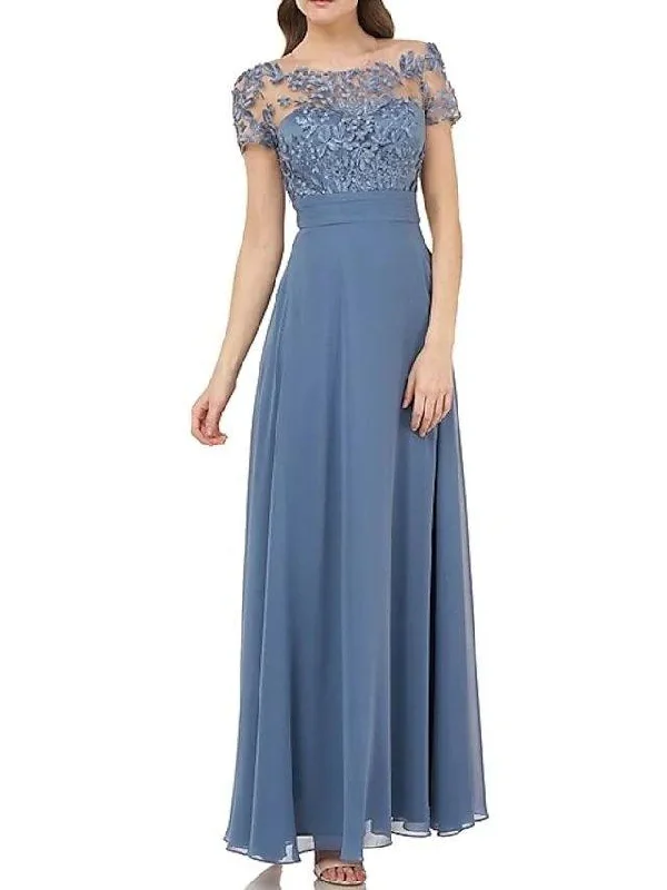 A-Line Mother of the Bride Dress Elegant Illusion Neck Floor Length Chiffon Short Sleeve with Appliques A-Line Mother of the Bride Dress Elegant Illusion Neck Floor Length Chiffon Short Sleeve with Appliques
