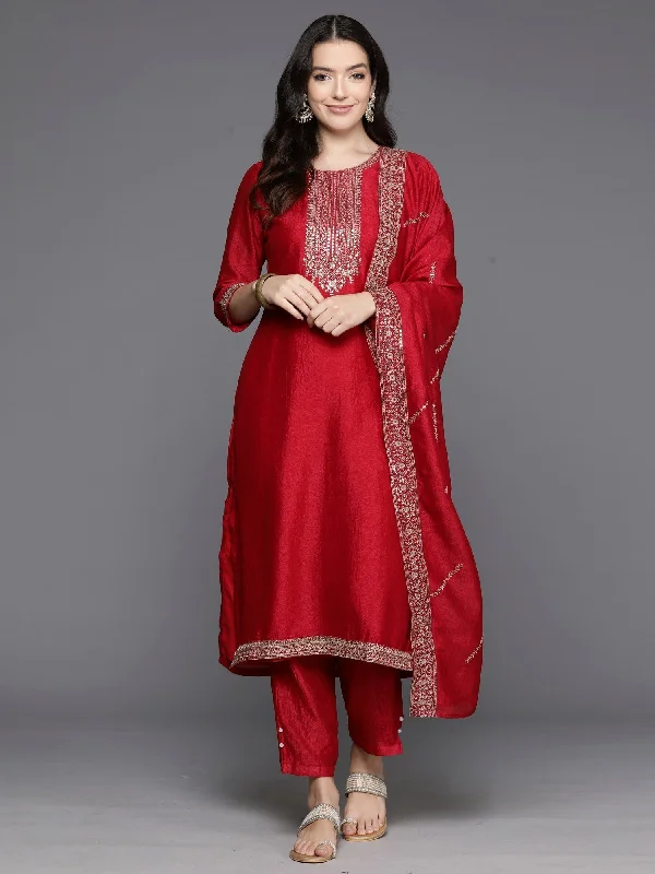 Women's Red Embroidered Straight Kurta Trousers With Dupatta Set - Indo Era Trousers practical easy-care