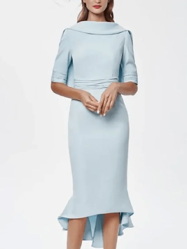 Sheath / Column Mother of the Bride Dress Elegant Jewel Neck Asymmetrical Knee Length Stretch Fabric Half Sleeve with Ruching Sheath / Column Mother of the Bride Dress Elegant Jewel Neck Asymmetrical Knee Length Stretch Fabric Half Sleeve with Ruching