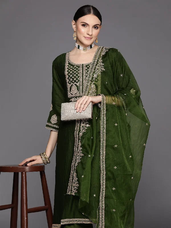 Women's Green Embroidered Straight Kurta Trousers With Dupatta Set - Indo Era Cropped Trousers Casual Linen