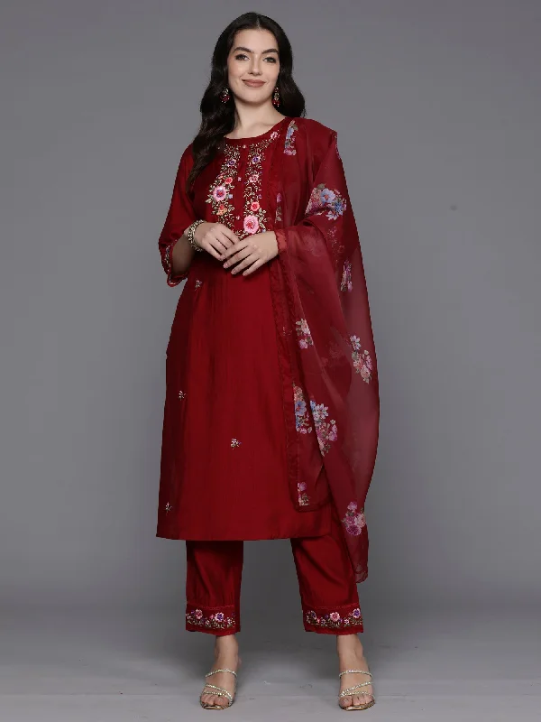 Women's Maroon Embroidered Straight Kurta Trousers With Dupatta Set - Indo Era Trousers Cargo pockets