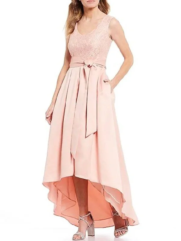 A-Line Mother of the Bride Dress Elegant V Neck Asymmetrical Lace Satin Sleeveless with Sash / Ribbon A-Line Mother of the Bride Dress Elegant V Neck Asymmetrical Lace Satin Sleeveless with Sash / Ribbon