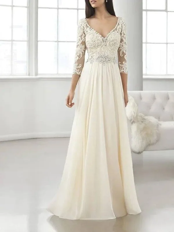 A-Line Mother of the Bride Dress Elegant V Neck Floor Length Chiffon Lace 3/4 Length Sleeve with Pleats Crystal Brooch A-Line Mother of the Bride Dress Elegant V Neck Floor Length Chiffon Lace 3/4 Length Sleeve with Pleats Crystal Brooch