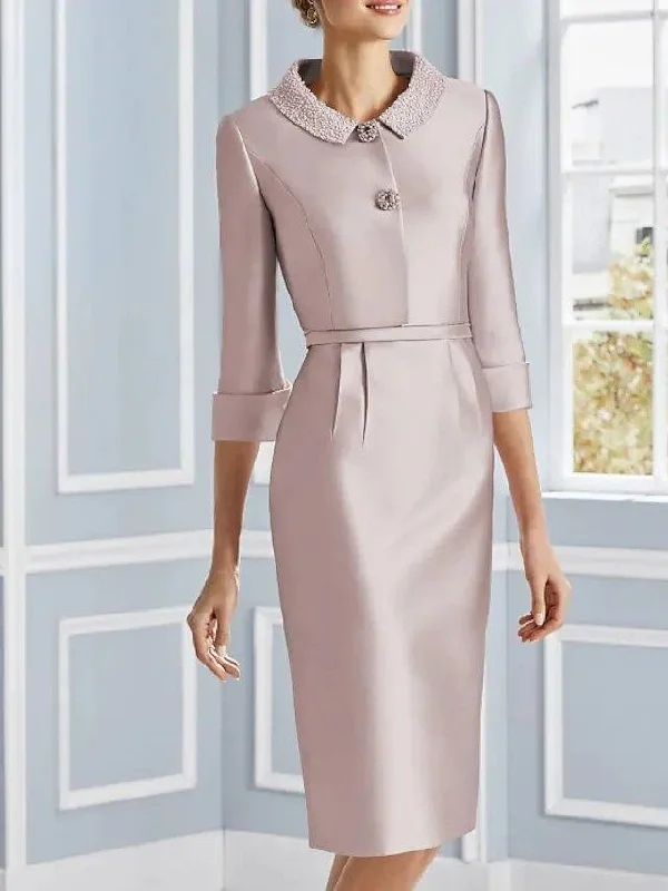 Two Piece Sheath / Column Mother of the Bride Dress Luxurious Elegant Jewel Neck Knee Length Satin Short Sleeve with Pearls Two Piece Sheath / Column Mother of the Bride Dress Luxurious Elegant Jewel Neck Knee Length Satin Short Sleeve with Pearls