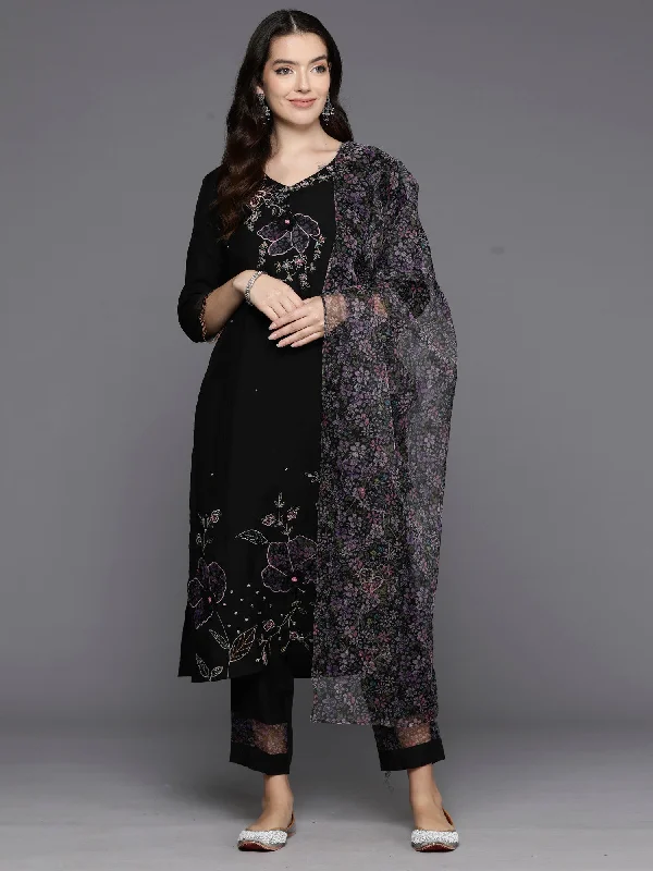 Women's Black Embroidered Straight Kurta Trousers With Dupatta Set - Indo Era Skinny Trousers Denim Stretchy