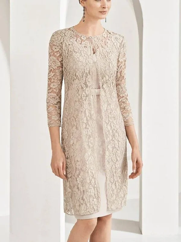 Two Piece Sheath / Column Mother of the Bride Dress Elegant V Neck Knee Length Lace Satin 3/4 Length Sleeve with Sash / Ribbon Bow(s) Two Piece Sheath / Column Mother of the Bride Dress Elegant V Neck Knee Length Lace Satin 3/4 Length Sleeve with Sash / Ribbon Bow(s)
