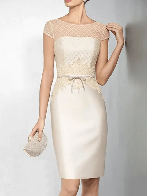 Sheath / Column Mother of the Bride Dress Elegant Jewel Neck Knee Length Lace Organza Satin Short Sleeve with Sash / Ribbon Appliques Sheath / Column Mother of the Bride Dress Elegant Jewel Neck Knee Length Lace Organza Satin Short Sleeve with Sash / Ribbon Appliques