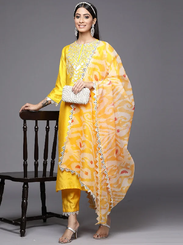 Women's Kesariya Yellow Embroidered Straight Kurta Trouser With Dupatta Set - Indo Era Trousers Custom Made