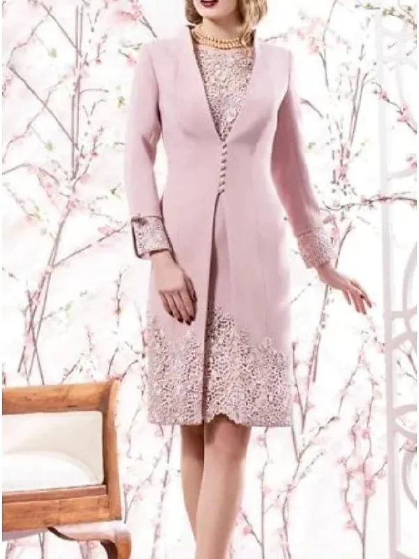 Two Piece Mother of the Bride Dress Elegant Jewel Neck Knee Length Lace Satin Long Sleeve with Embroidery Two Piece Mother of the Bride Dress Elegant Jewel Neck Knee Length Lace Satin Long Sleeve with Embroidery