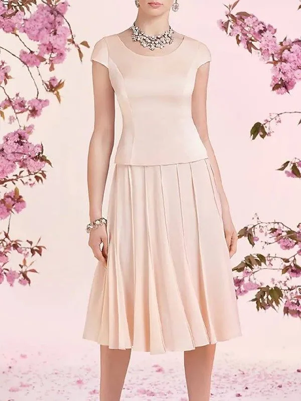 A-Line Mother of the Bride Dress Elegant Jewel Neck Knee Length Chiffon Satin Sleeveless with Pleats A-Line Mother of the Bride Dress Elegant Jewel Neck Knee Length Chiffon Satin Sleeveless with Pleats