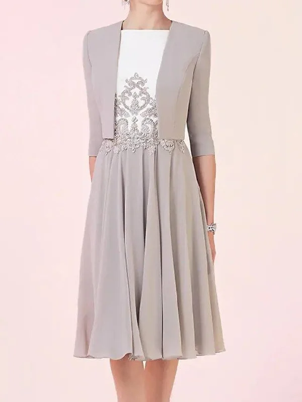 Two Piece A-Line Mother of the Bride Dress Elegant Jewel Neck Knee Length Chiffon Lace 3/4 Length Sleeve with Pleats Beading Color Block Two Piece A-Line Mother of the Bride Dress Elegant Jewel Neck Knee Length Chiffon Lace 3/4 Length Sleeve with Pleats Beading Color Block