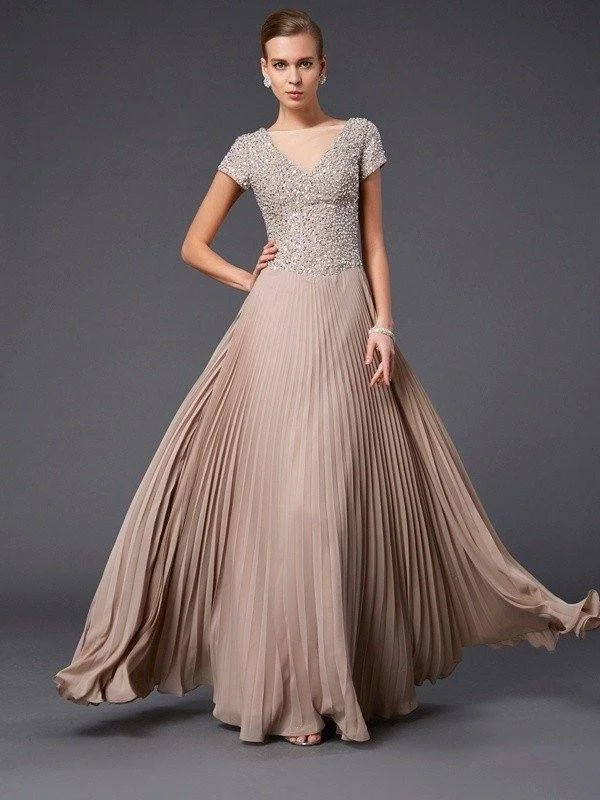A-Line/Princess V-neck Short Sleeves Beading Long Chiffon Mother of the Bride Dresses A-Line/Princess V-neck Short Sleeves Beading Long Chiffon Mother of the Bride Dresses