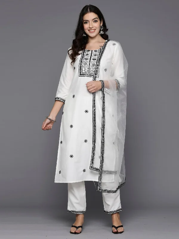 Women's White Embroidered Straight Kurta Trousers With Dupatta Set - Indo Era Trousers Designer Luxury