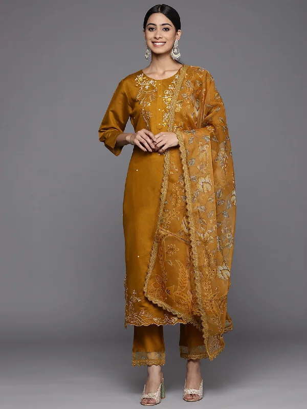 Women's Mustard Embroidered Straight Kurta Trousers With Dupatta Set - Indo Era Trousers Flared Retro