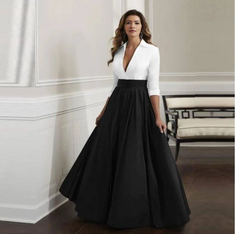 Black White Mother Of The Bride Dresses A-line V-neck 3/4 Sleeves Satin Plus Size Long Groom Mother Dresses For Weddings Black White Mother Of The Bride Dresses A-line V-neck 3/4 Sleeves Satin Plus Size Long Groom Mother Dresses For Weddings