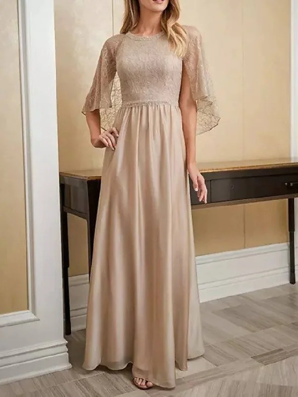 A-Line Mother of the Bride Dress Elegant Jewel Neck Floor Length Chiffon Lace 3/4 Length Sleeve with Beading A-Line Mother of the Bride Dress Elegant Jewel Neck Floor Length Chiffon Lace 3/4 Length Sleeve with Beading