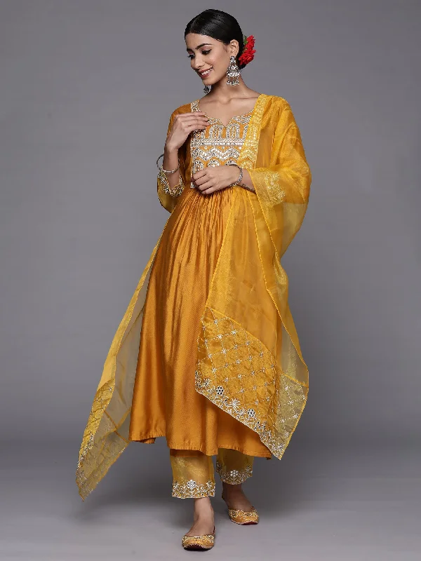 Women's Mustard Embroidered Straight Kurta Trousers With Dupatta Set - Indo Era Trousers Denim Distressed