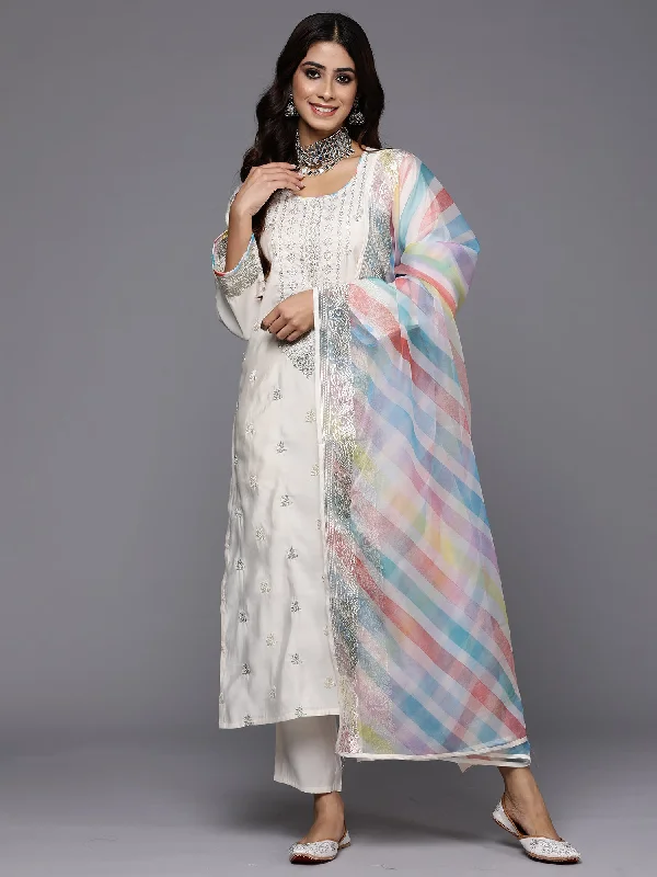 Women's Cream Embroidered Straight Kurta Trousers With Dupatta Set - Indo Era Trousers versatile functional