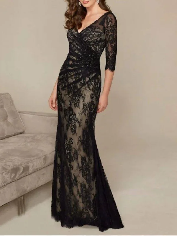 Mermaid / Trumpet Mother of the Bride Dress Elegant V Neck Floor Length Lace Half Sleeve with Ruching Mermaid / Trumpet Mother of the Bride Dress Elegant V Neck Floor Length Lace Half Sleeve with Ruching