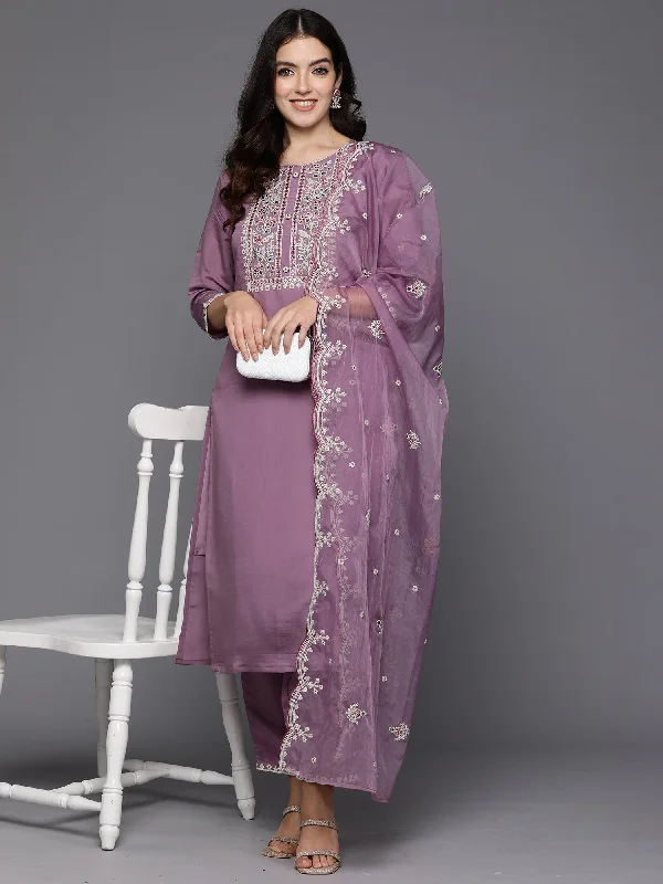 Women's Lavender Embroidered Straight Kurta Trousers With Dupatta Set - Indo Era Trousers Gym Athletic