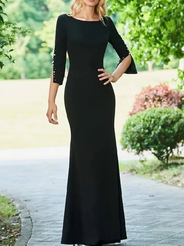 Sheath / Column Mother of the Bride Dress Elegant Jewel Neck Floor Length Stretch Fabric Half Sleeve with Beading Sheath / Column Mother of the Bride Dress Elegant Jewel Neck Floor Length Stretch Fabric Half Sleeve with Beading