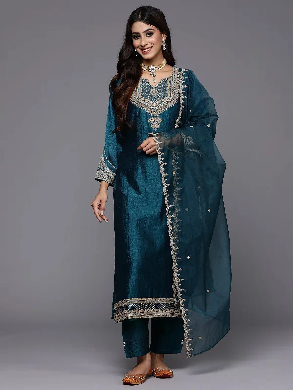 Women's Teal Embroidered Straight Kurta Trousers With Dupatta Set - Indo Era Trousers Timeless Classic