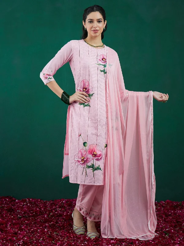 Women's Peach Printed Straight Kurta Trousers With Dupatta Set - Indo Era Trousers luxurious high-end