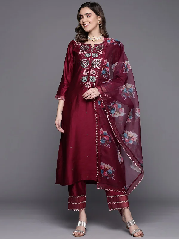 Women's Wine Embroidered Straight Kurta Trousers With Dupatta Set. - Indo Era Trousers Print Floral