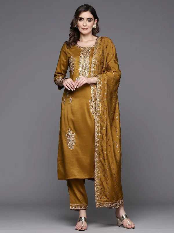 Women's Mustard Embroidered Straight Kurta Trousers With Dupatta Set - Indo Era Trousers Mesh Breathable