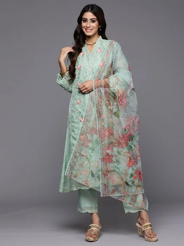 Women's Sea Green Embroidered Straight Kurta Trousers With Dupatta Set - Indo Era Trousers Culottes Wide Leg