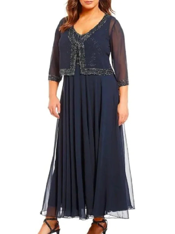 A-Line Mother of the Bride Dress Wrap Included V Neck Ankle Length Chiffon 3/4 Length Sleeve with Beading