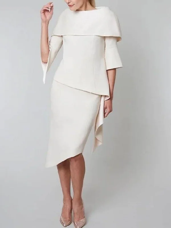 Sheath / Column Mother of the Bride Dress Elegant Jewel Neck Asymmetrical Satin 3/4 Length Sleeve with Cascading Ruffles Sheath / Column Mother of the Bride Dress Elegant Jewel Neck Asymmetrical Satin 3/4 Length Sleeve with Cascading Ruffles