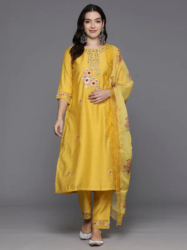 Women's Mustard Embroidered Straight Kurta Trousers With Dupatta Set - Indo Era Trousers Modern Contemporary