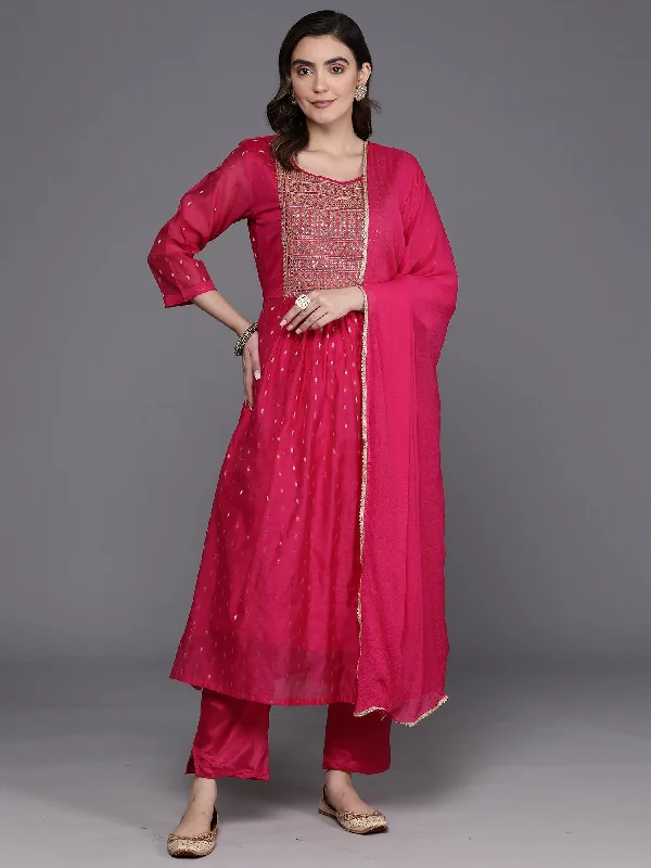 Women's Pink Embroidered A-Line Kurta Trousers With Dupatta Set - Indo Era Trousers stylish modern