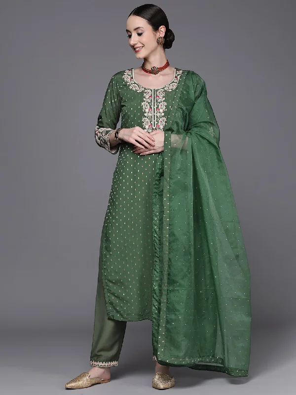 Women's Green Embroidered Straight Kurta Trousers With Dupatta Set - Indo Era Trousers Bootcut Casual