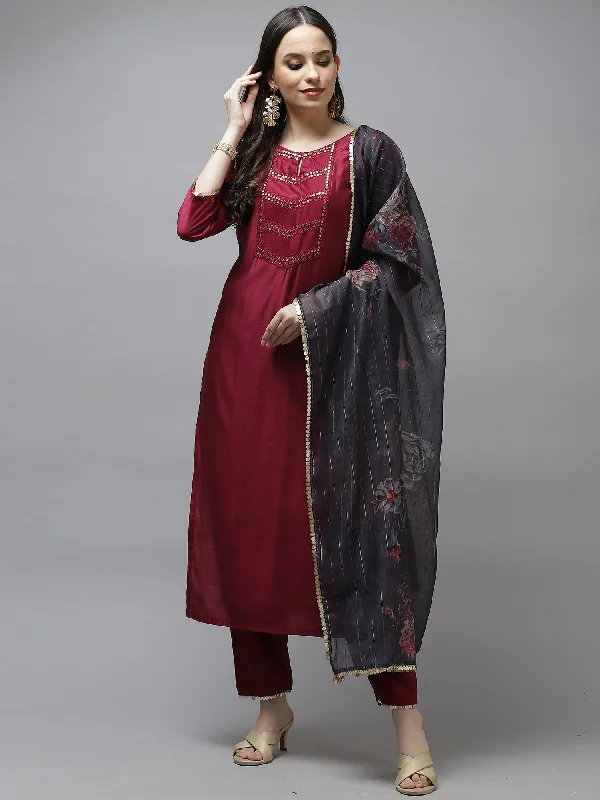 Women's Wine Solid Straight Kurta Trouser With Dupatta Set - Indo Era Trousers trendy modern