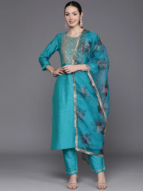 Women's Blue Embroidered Straight Kurta Trousers With Dupatta Set - Indo Era Trousers fashionable trendy